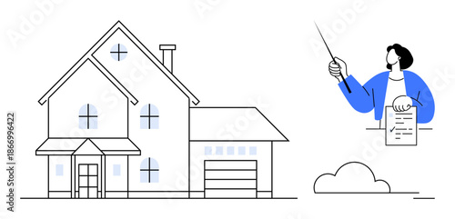 Residential house with multiple windows and garage alongside person presenting document. Ideal for real estate, property sales, housing, architecture, home loans, contracts, simple flat metaphor