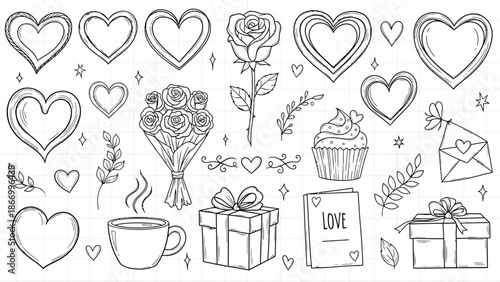 Kawaii Valentine's Day Doodle Collection: Hearts, Flowers, Gifts, and Love Icons Set