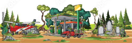 Rural Forest Gas Station With Airplane And Truck