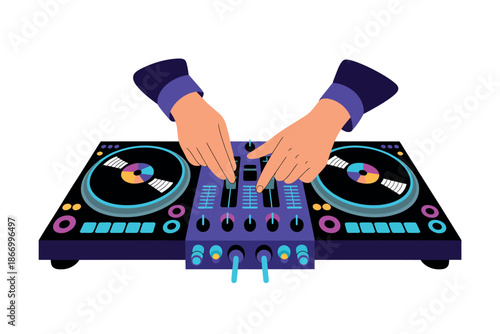 A person skillfully mixing music on a modern DJ controller with colorful buttons and knobs.