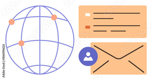 Global communication, digital messaging, email services, networking, user profiles, data sharing. a globe, messaging elements and a profile icon. Global communication and email services concept