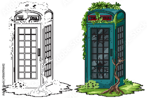 Overgrown Abandoned Telephone Booth with Broken Glass