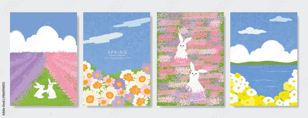 Fototapeta premium Abstract Green Summer landscape background vector set. Nature wallpaper of green field on mountain, yellow flowers, blue sky , birds, river. Watercolor illustration for cover, wall art, decoration.