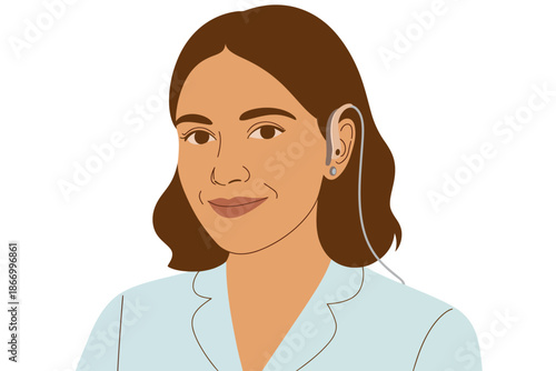 A smiling woman with a hearing aid in her ear, wearing a light blue shirt