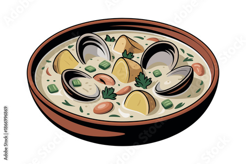 A bowl of creamy mussels soup with potatoes and herbs, served in a brown ceramic bowl.