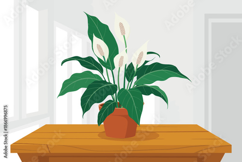 A serene indoor setting featuring a potted plant on a wooden table by the window