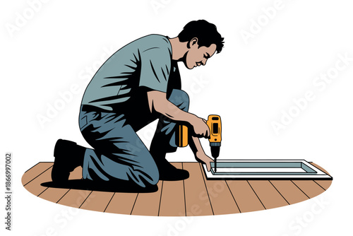 A man kneeling on a wooden floor and using a drill to install a rectangular object