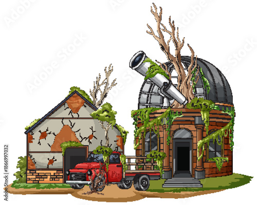 Abandoned Observatory With Overgrown Trees and Rusty Truck