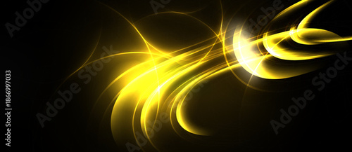 Bright yellow energy flows across black background. Curves, lines create dynamic abstract visual effect. Light radiates, forming beautiful patterns.