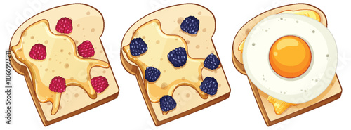 Three Slices of Toast with Fruit and Fried Egg