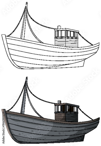 Wooden Fishing Boat Vector Line Art and Color Version