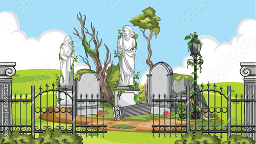 Overgrown Abandoned Cemetery with Weathered Angel Statues