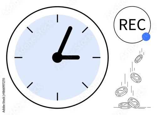 Time tracking, finance saving, productivity, income management, digital recording, multitasking. Clock, recording icon falling coins. Time tracking and finance saving concept