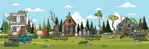 Abandoned Rural Village With Cemetery Under Bright Daytime Sky