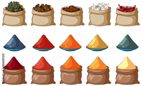 Colorful vector spices in sacks and mounds, flat style, isolated on white background