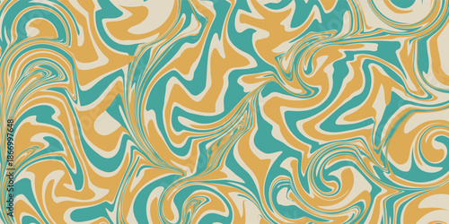 Abstract fluid marbling pattern with swirling teal, golden yellow, and cream colors creating a psychedelic and organic background design.