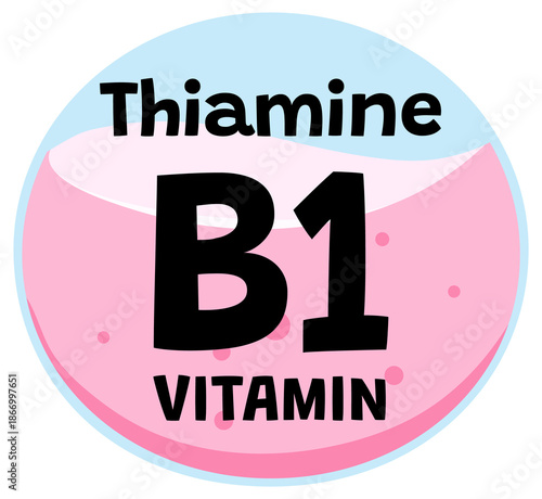 Colorful flat vector icon illustrating thiamine vitamin B1 with bold text and circular design