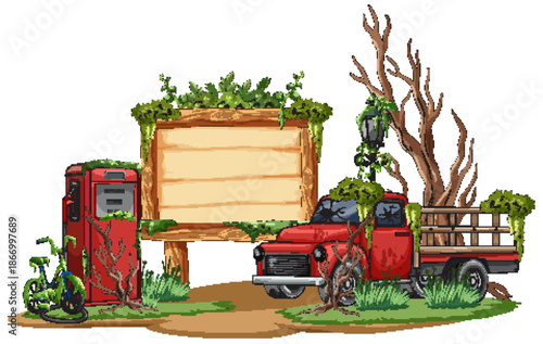 Abandoned Gas Station with Overgrown Vegetation and Old Truck