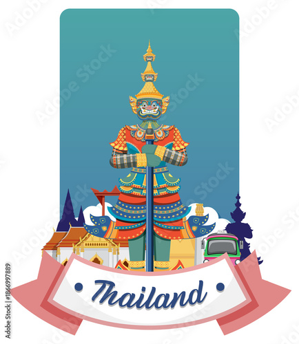 Vibrant vector illustration of a traditional Thai guardian statue with intricate colorful details.