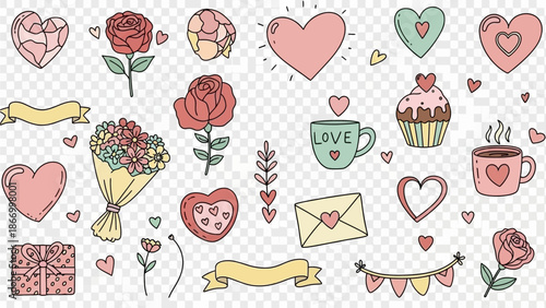 Kawaii Valentine's Day Doodle Collection: Hearts, Flowers, Gifts, and Love Icons Set