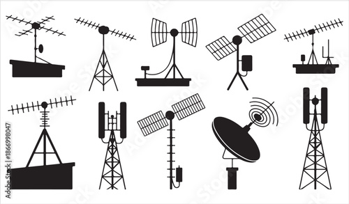 Communication antenna and satellite dish silhouettes set wireless signal tower icons