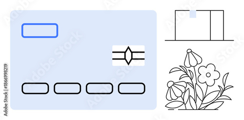 Financial tools, online shopping, nature conservation, e-commerce, illustration design, visual minimalism. Blue credit card icon, shopping bag and floral outline. Financial tools and online shopping