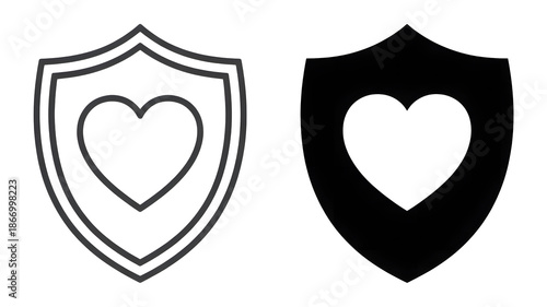 Heart shield icon set symbolizing love, protection, and health security with outline and filled versions isolated on transparent background