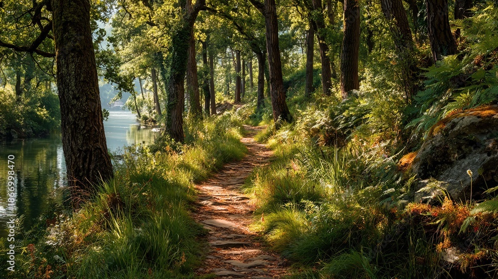 Fototapeta premium Serene Natural Forest Trail with Sunlight Filtering Through Lush Green Canopy