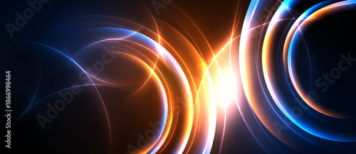 Abstract energy flows, vibrant colors blend. Bright light radiates from center, creating dynamic visual effect. Dark background enhances luminosity.