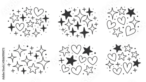 Hand-drawn collection of charming doodle hearts and stars for decorative design elements isolated on transparent background