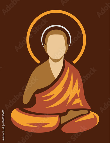 Buddhist Monk Meditating In Lotus Pose Vector Illustration on Dark Brown Background.