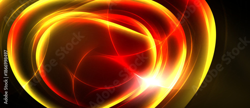 Abstract energy swirls, vibrant reds, yellows dominate. Bright center radiates light, dark background contrasts sharply. Dynamic composition.