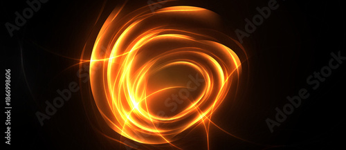 Bright orange swirl dominates dark background. Flowing lines create dynamic circular pattern, radiating energy, warm tones present.