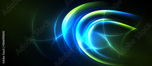 Abstract energy flows, vibrant blue, green hues. Dynamic curves suggest motion, light trails illuminate darkness. Modern design.