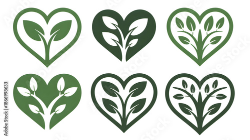 Green heart shaped logos with growing plants and trees symbolizing nature, health, and environment isolated on transparent background