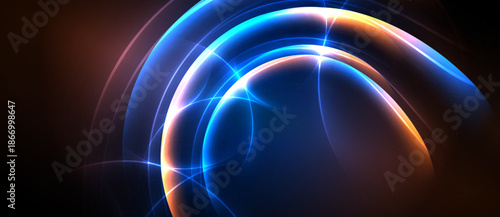 Abstract energy swirls, vibrant blues, oranges, whites. Circular patterns radiate light, creating dynamic visual effect. Dark background emphasizes luminosity.