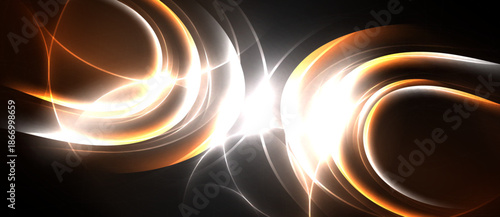 Abstract swirls, bright light emanates from center. Orange, white hues dominate dark background. Dynamic energy visible.