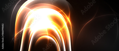 Bright energy swirls, golden hues dominate. Dark background emphasizes radiant light curves, creating dynamic visual impact.