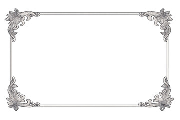 Ornate silver decorative frame with baroque scrolls and vintage swirl corner design on transparent background