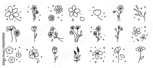 minimal line flower and botanical graphic sketch drawing, trendy tiny tattoo design, floral elements vector illustration
