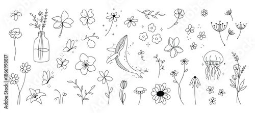 minimal line flower and botanical graphic sketch drawing, trendy tiny tattoo design, floral elements vector illustration
