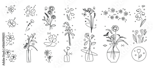minimal line flower and botanical graphic sketch drawing, trendy tiny tattoo design, floral elements vector illustration
