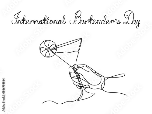 International Bartender's Day. Greeting card. Abstract hand with glass of Cosmopolitan cocktail and Lime fruit, continuous single one line art hand drawing sketch logo on white background