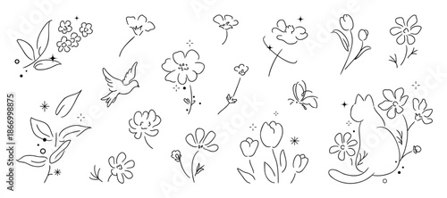 minimal line flower and botanical graphic sketch drawing, trendy tiny tattoo design, floral elements vector illustration
