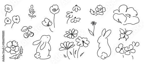 minimal line flower and botanical graphic sketch drawing, trendy tiny tattoo design, floral elements vector illustration
