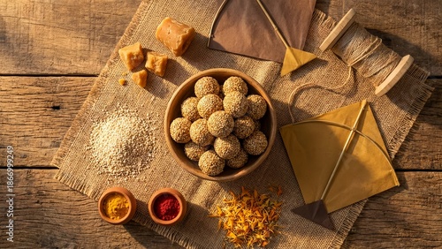 Makar Sankranti festival food with til ladoo kites and jaggery on wooden background © Sujal