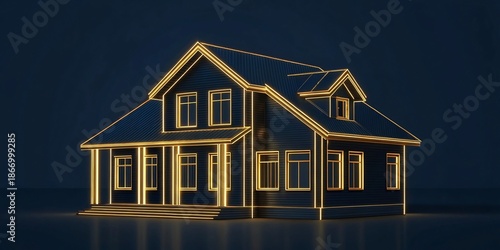 Elegant 3D Home Silhouette with Golden Outline - Abstract Residential Architecture Representation