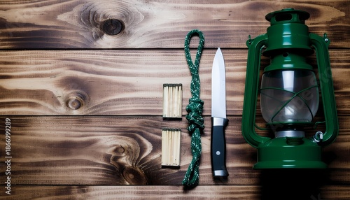 Top-down flat lay of camping essentials—lantern, rope, knife, matches, compass, and multitool—neatly arranged on rustic wood texture. Organized outdoor gear with warm light and copy space for branding