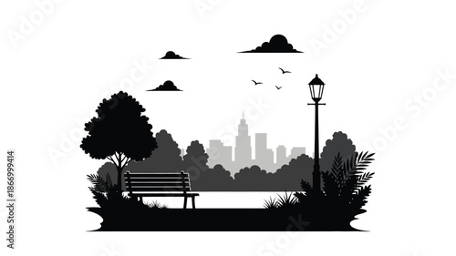 City park landscape with trees bench and skyline in dark silhouette