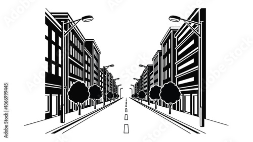 A striking black and white illustration of a city street a bold silhouette